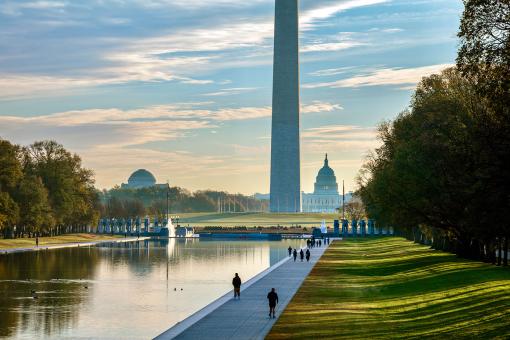 Vibrant sunrise over the National Mall in Washington DC.