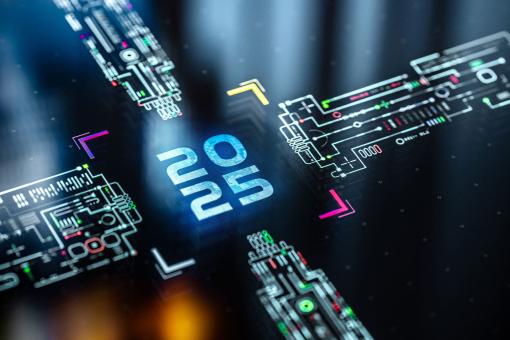 Year 2025 futuristic background. 2025 as a central core on motherboard.