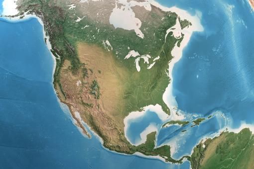 Satellite view of North America, USA, Canada and Mexico.