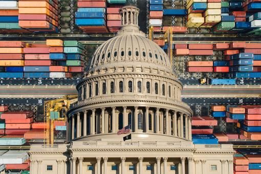 The White House, with shipping containers in the background.