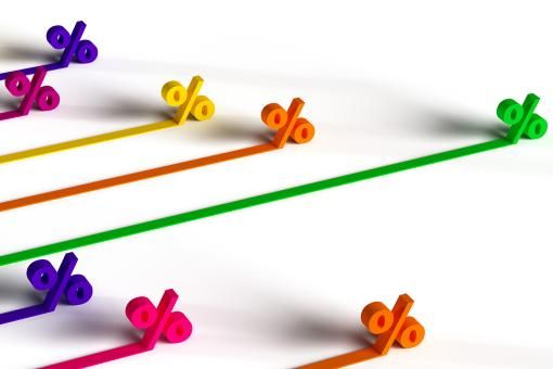 Different colored percentage symbols race against each other on a track.