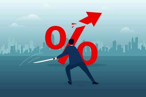 Businessman cutting percentage sign with sword.