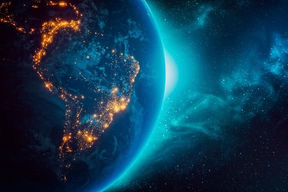 South America lit up by city lights.