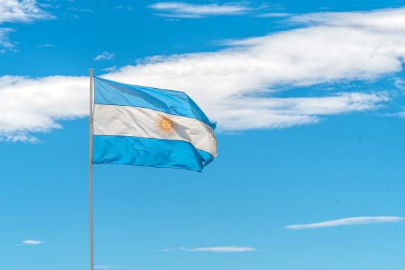A blue and white argentinian flag with a yellow sun sits on a pole. The sky is clear and blue, with a few clouds scattered throughout. The flag is waving in the breeze, giving the impression of a sunny day.